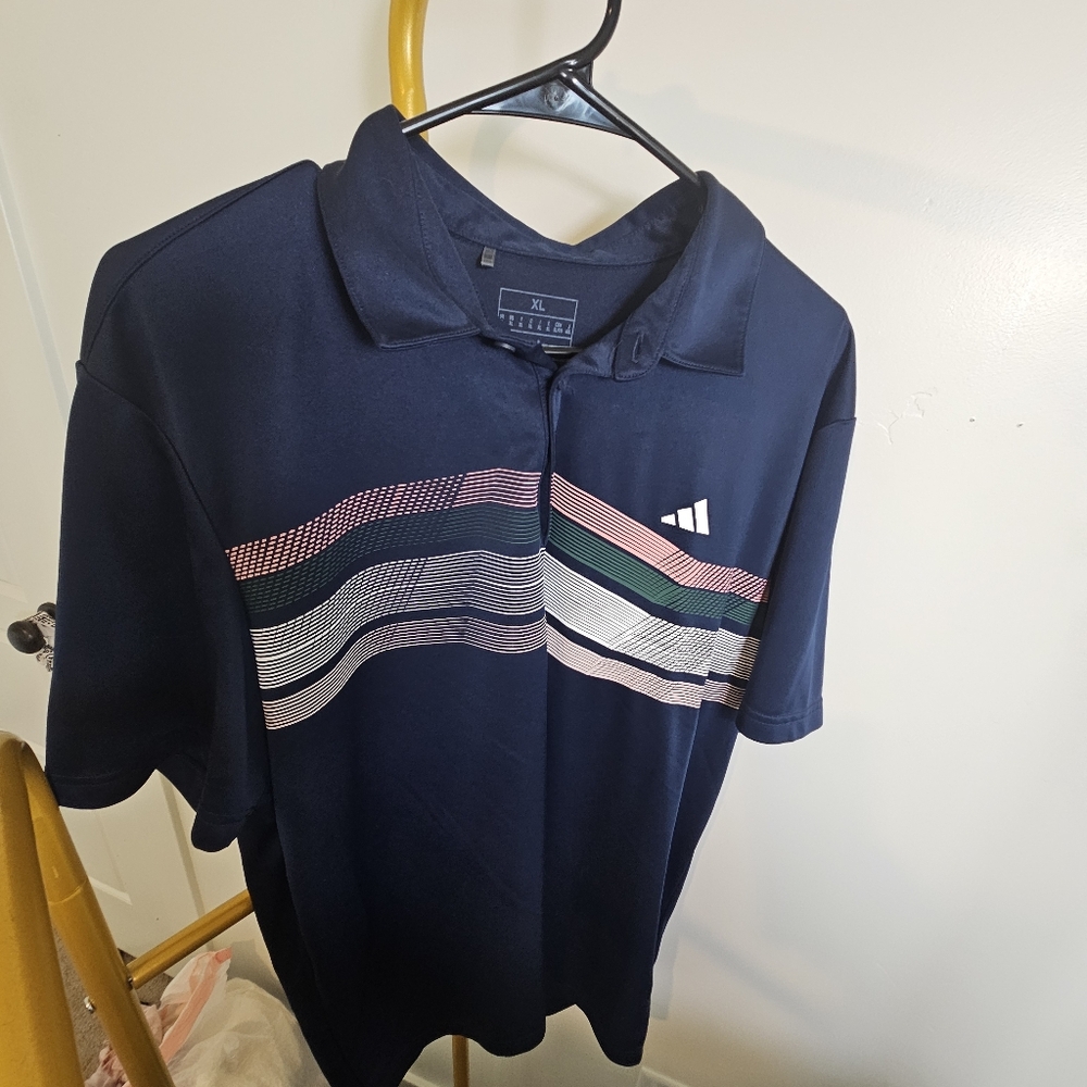 Adidas Dark Blue Polo with Multicolor Stripes, NWT